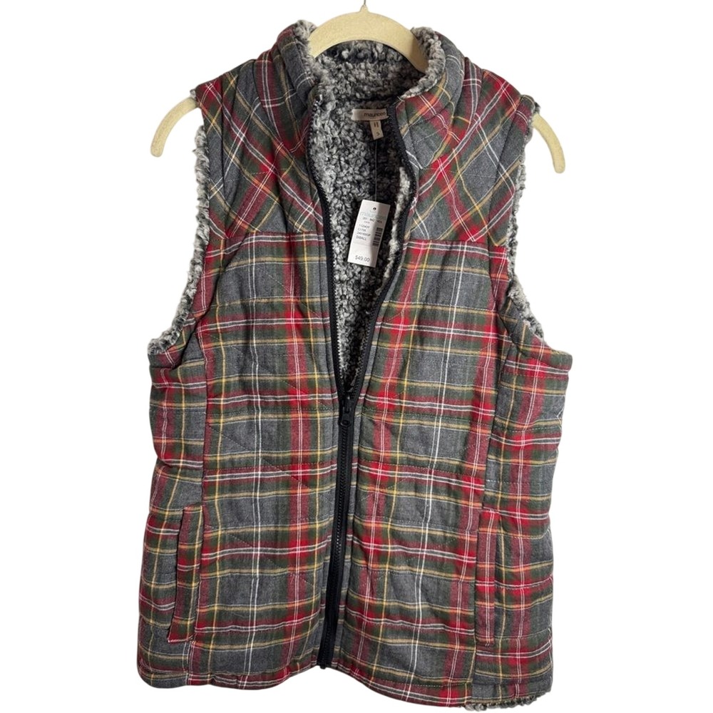 Maurice's Cozy Reversible Plaid Sherpa Zip Vest Sz Sm Teddybear Quilted Pockets